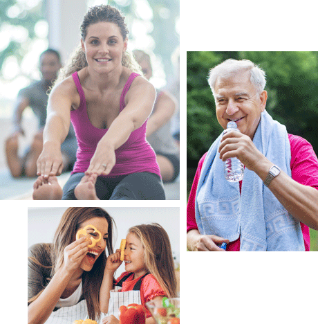 Collage of images with woman doing yoga, older man drinking water and mom and daughter cooking